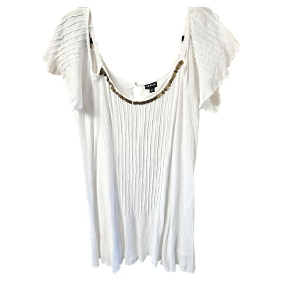 TORRID MINI IVORY GAUZY Cold Shoulder Trapeze dress With Gold Sequins - Picture 2 of 16